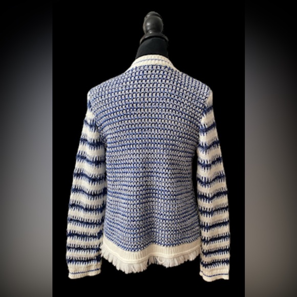 Talbots: Blue and White Mix Textured Jacket Sweater with Fringe Trim - Picture 8 of 17